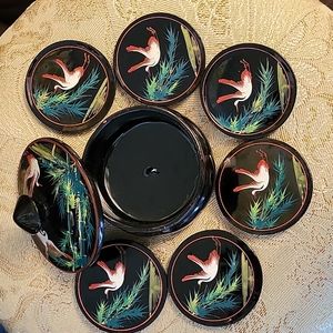 Black Lacquered 6 Coasters Box with Handpaint Birds,  Pagoda Shape Box